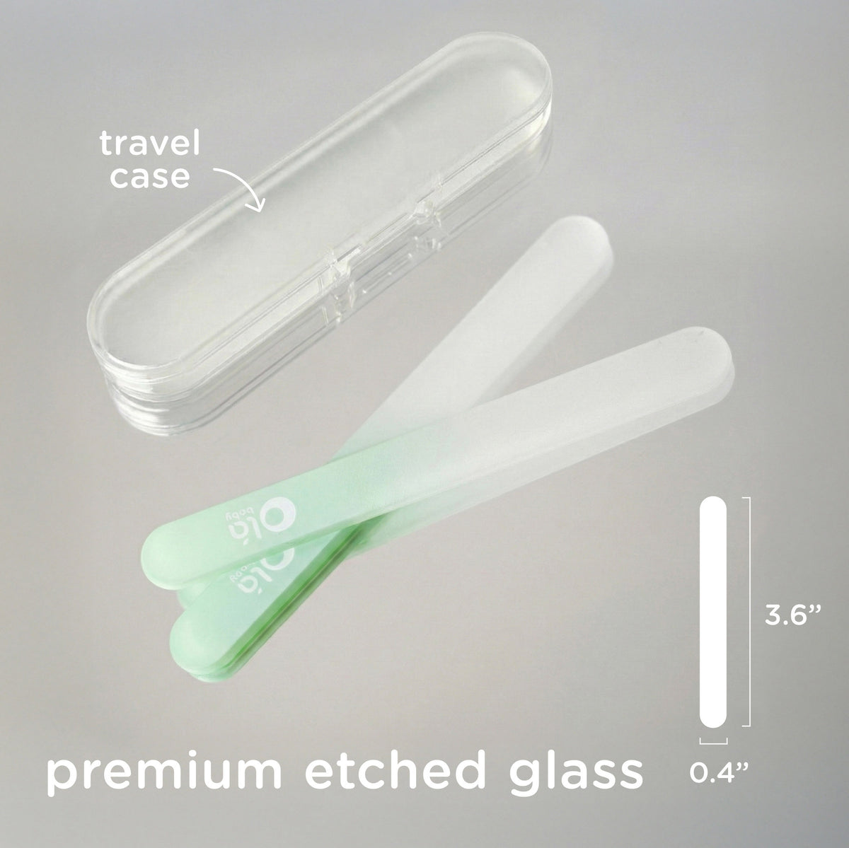 Two Olababy etched glass baby nail files next to their clear protective travel case showing compact dimensions of 3.6 inches.