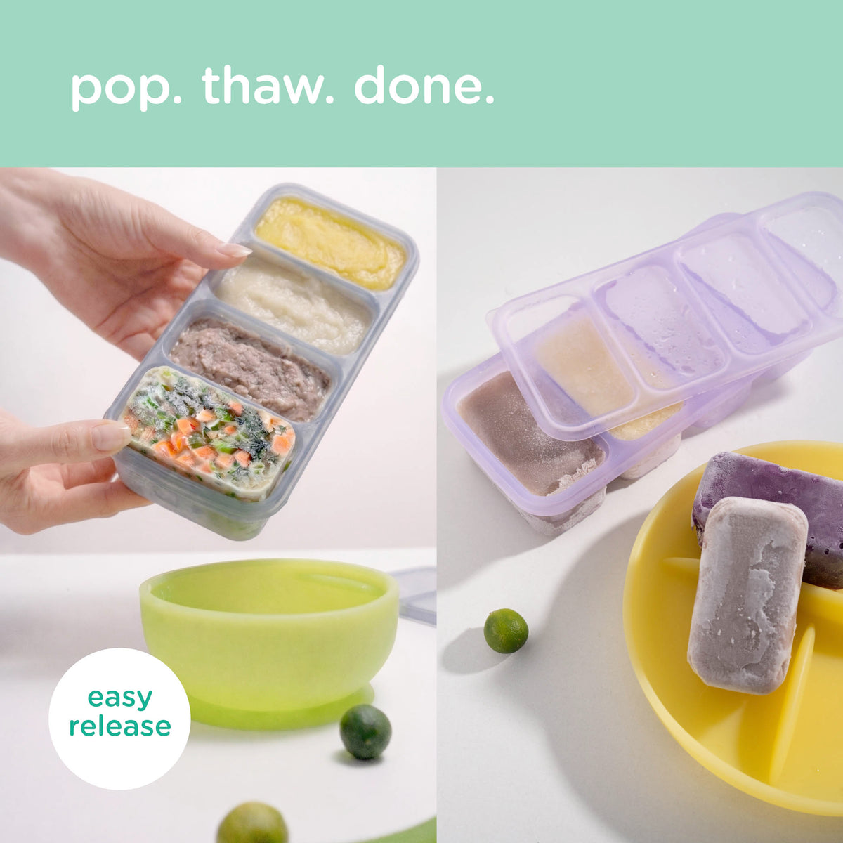 A collage showing a silicone ice cube tray organizer with four compartments, filled with frozen vegetables and fruit, alongside a matching green bowl and a purple lid. Text at the top reads 'pop.