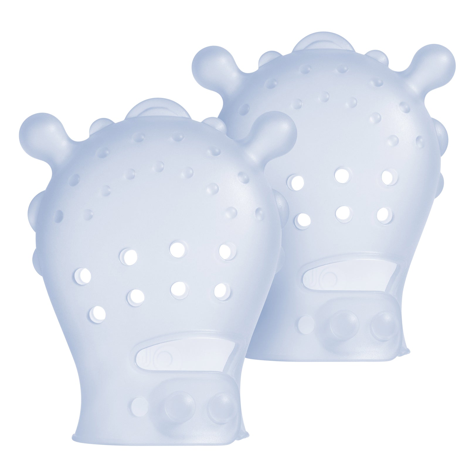 Olababy pink food-grade silicone teething and mouthing mitten 2-pack for newborn scratch protection and gum relief.