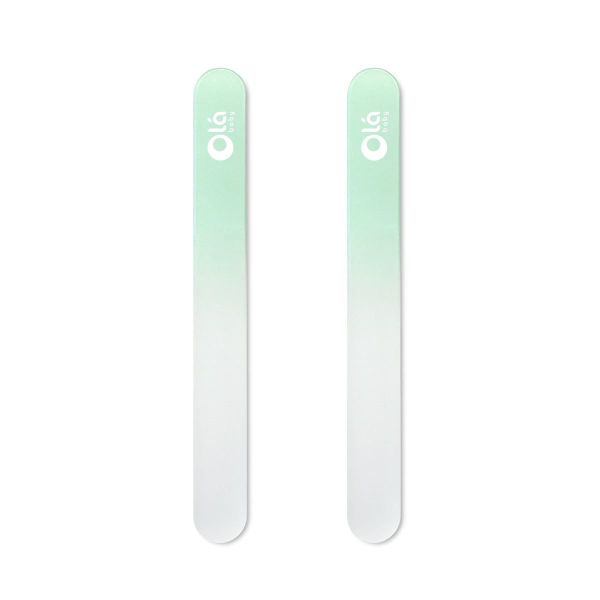 Olababy premium mint green baby glass nail file 2-pack for newborns and infants on a white background.