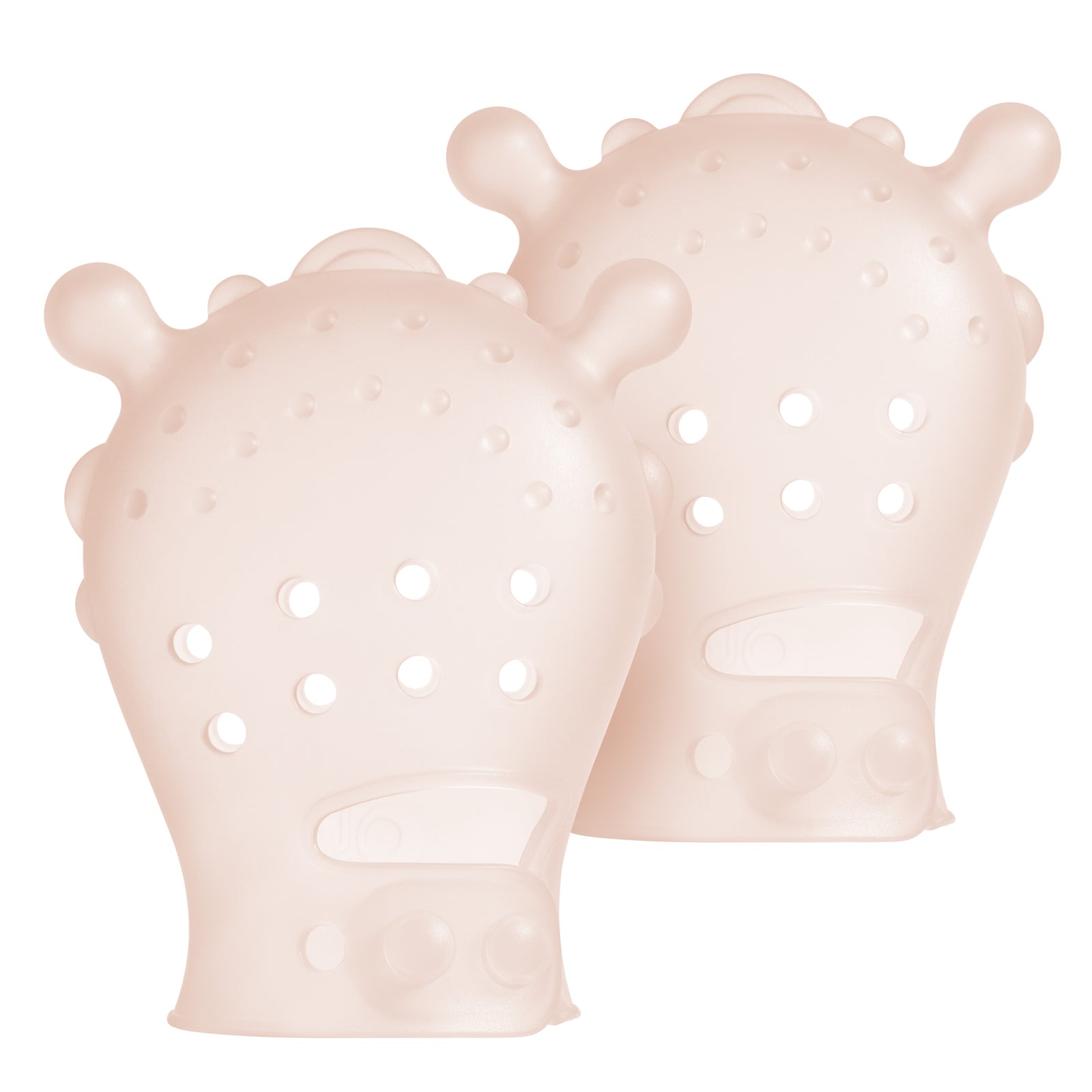 Olababy pink food-grade silicone teething and mouthing mitten 2-pack for newborn scratch protection and gum relief.