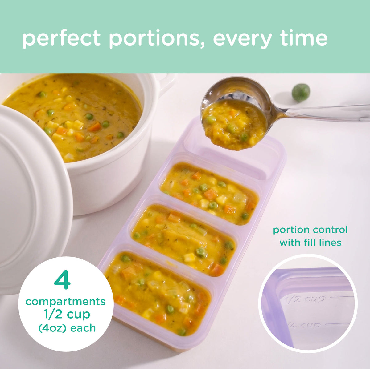 A silicone baby meal tray with four compartments, shown partially filled with a yellow vegetable stew. A ladle is pouring more stew into the tray.