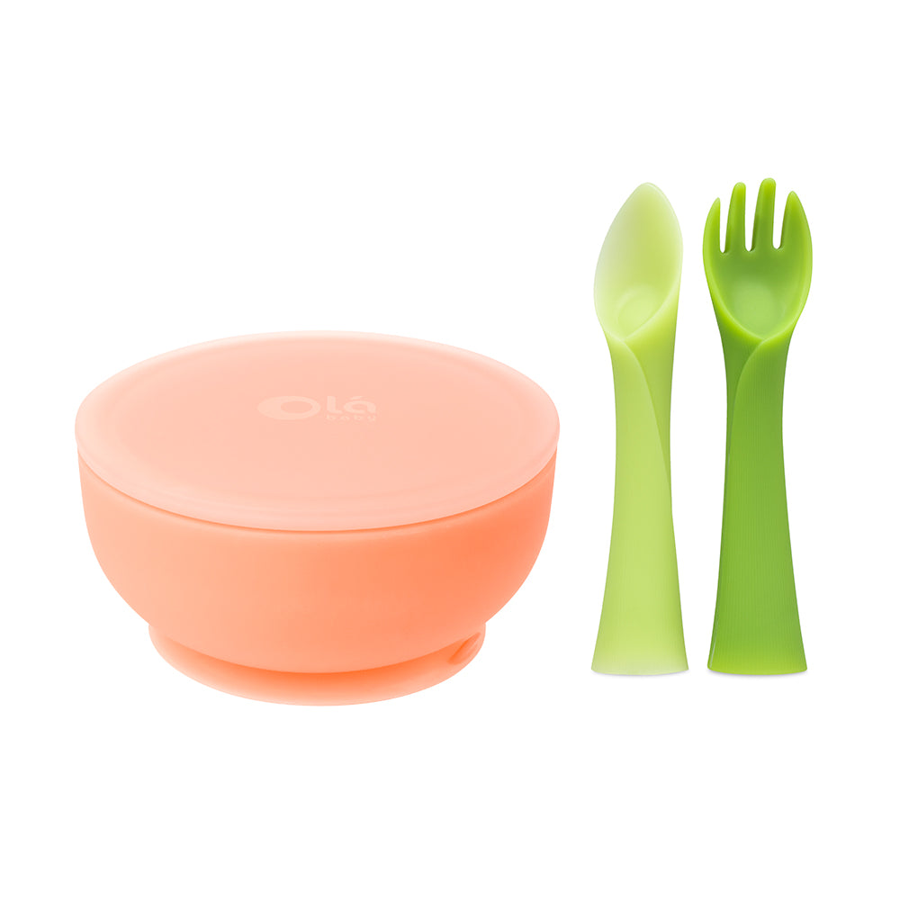 Olababy Training Fork, Training Spoon, Suction Bowl(Lemon) and Suction  Plate(Kiwi) Bundle